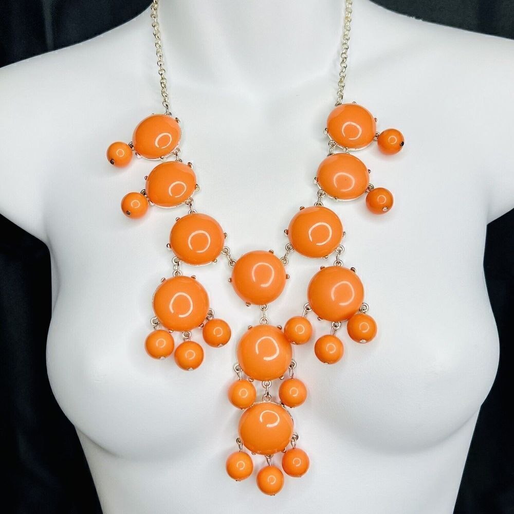 Statement Orange Acrylic Cabochons Dangle Beads Silver Tone Bib Necklace 4044